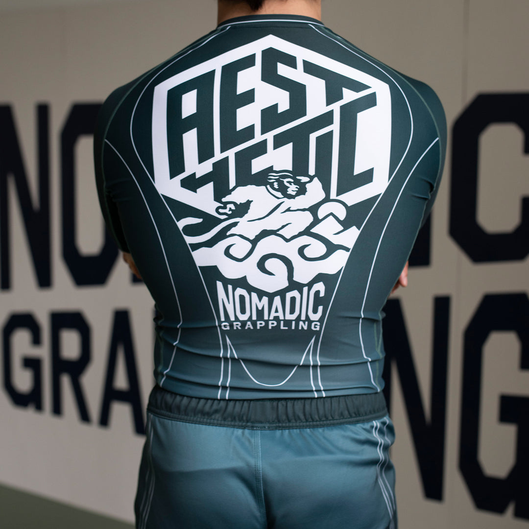 AESTHETIC Petrol Blue Jozef Chen Short Sleeve Rashguard - back view